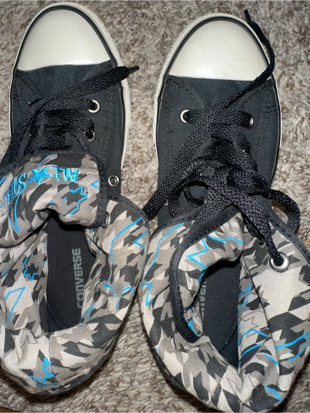Converse Black High-Top Sneakers with Gray and Blue Camo Lining